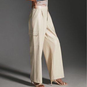 Avec Les Filles Cream Wide Leg Faux Leather Side Pocket Cargo Pants.